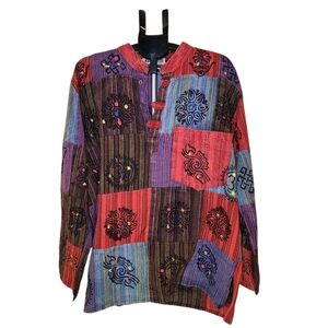 Mens Handmade Hooded Grandad Shirt Cotton Patchwork Festival Hippie Top